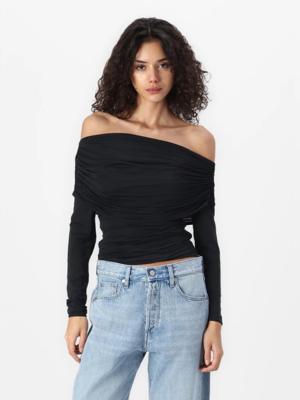 NWT Abercrombie Black Off Shoulder Foldover Ruched Top S